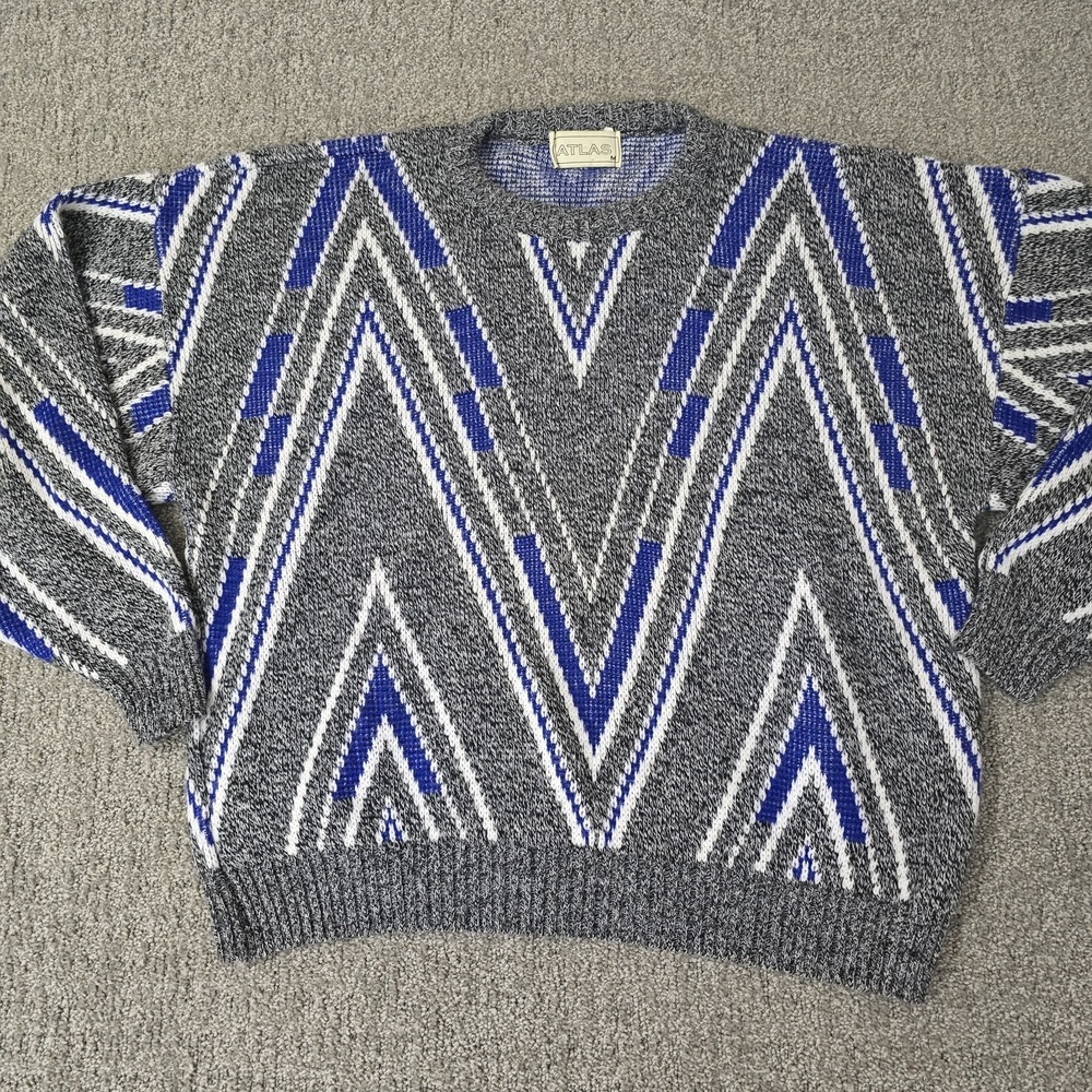 Atlas Geometric Knit Sweater Gray Blue Oversized Boxy Vintage‎ Mens M